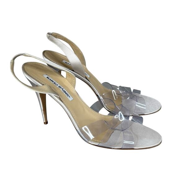 Manolo Blahnik PVC Ruffle Silver Slingback Heels Clear Sandals Size 40 EU 10 - Picture 4 of 11